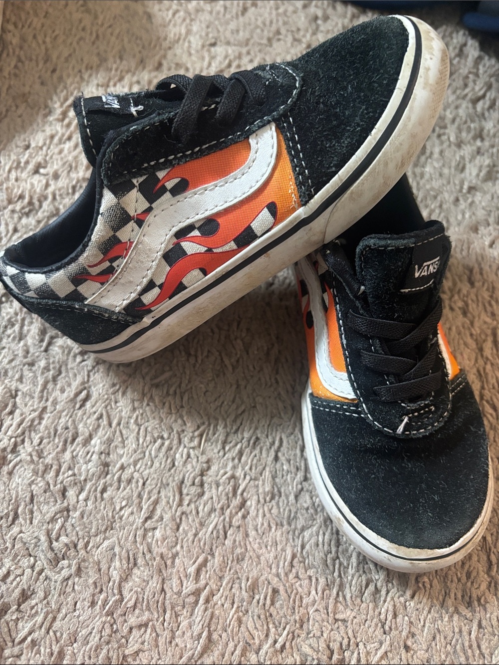 Vans Kids Black Suede Skate Sneakers with Orange Flame & Checkerboard